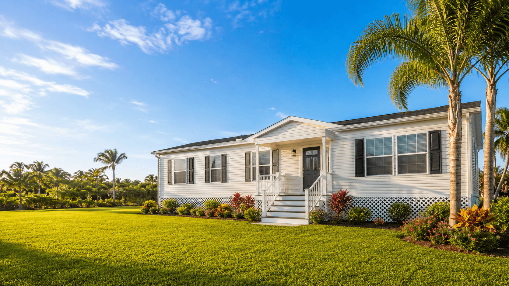 Florida double-wide manufactured home at golden hour